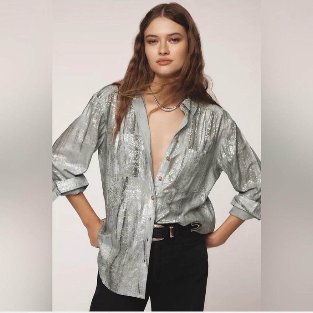 Anthropologie Pilcro Sage Green Foil Shine Button Down Shirt Top Size S - Picture 2 of 16